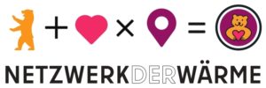 Logo: Netzwerk der Wärme, Berliner Senat, ein Bär + Herz x Ortszeichen = Teddybär mit Herz